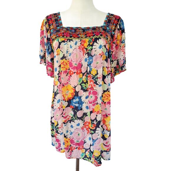JOHNNY WAS Brisbane Floral-print Short-sleeve Top Bright Multi Medium - Picture 1 of 8